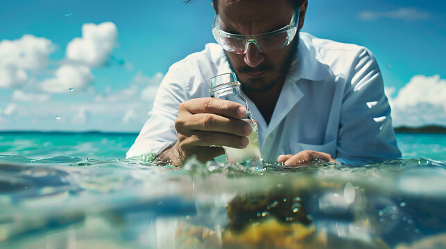 Scientist in water examining sample in bottle with safety glasses and white lab coat on beach