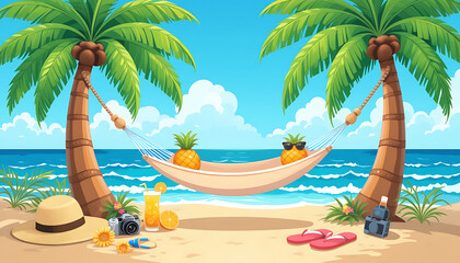 Obraz premium Relaxing tropical beach with hammock, palm trees, drinks, and ocean view—ideal for summer vacation, travel, and paradise-themed content.