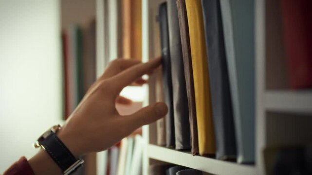 Person selecting a book from a colorful bookshelf in a cozy indoor space. A hand reaches for a book on a shelf filled with various colorful spines