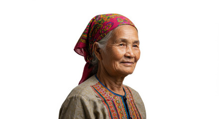 Portrait of Elderly Southeast Asian Woman in Traditional Attire with Colorful Headscarf – Cultural Wisdom and Grace