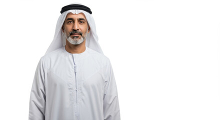 Confident Middle Eastern Man in Traditional Kandura Looking at Camera on White Background