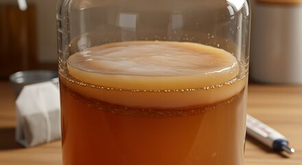 Kombucha SCOBY floating in sweet tea, fermenting in a glass jar. Bubbly surface, healthy bacteria, home brewing setup