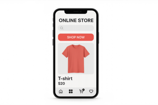 Smartphone displaying online store selling t-shirt with transparent background, perfect for showcasing e-commerce and mobile shopping concepts