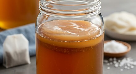 Kombucha SCOBY floating in sweet tea, fermenting in a glass jar. Bubbly surface, healthy bacteria, home brewing setup