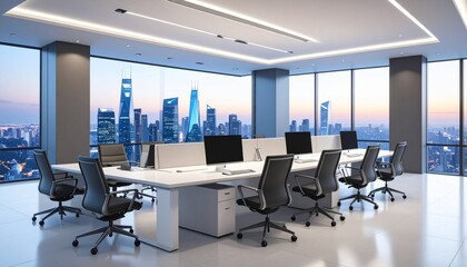 Modern Office Space with Minimalist Design and City Skyline View During Sunset in a High-Rise Building