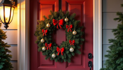 Fototapeta premium Festive Christmas Wreath on Front Door for Holiday Celebration