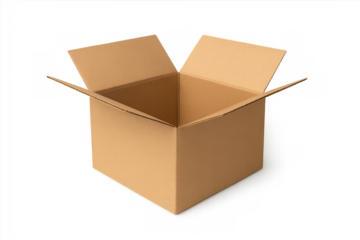 Vacant cardboard shipping container resting on transparent surface, ready for packaging, transport, and product display