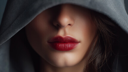 Frau mit roten Lippen unter grauer Kapuze im Halbschatten