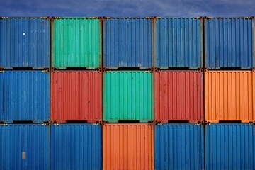 Fototapeta premium Brightly painted shipping containers stack in a striking arrangement at a busy port. The vibrant colors create a unique visual contrast against the clear blue sky.