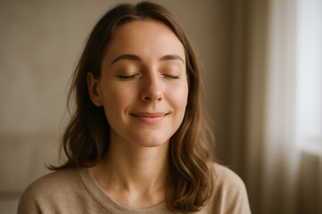 Naklejka premium Content woman enjoying peaceful moment with eyes closed in cozy indoor setting