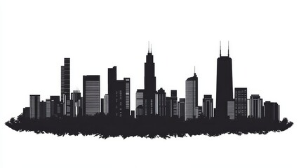 Naklejka premium Isolated cityscape silhouette with detailed skyline outline on white background, modern urban architectural shapes featuring high-rise buildings and clear edges for creative design use.