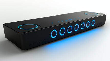Obraz premium Close-up of sleek black media player with glowing blue buttons on minimalist surface, modern electronic device featuring smooth design and illuminated controls for tech and entertainment use.