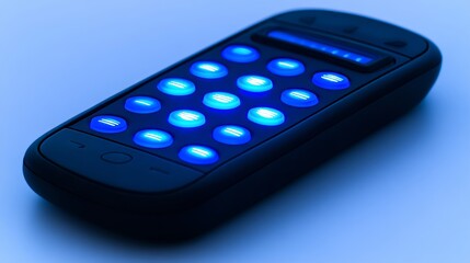 Obraz premium Close-up of sleek black media player with glowing blue buttons on minimalist surface, modern electronic device featuring smooth design and illuminated controls for tech and entertainment use.