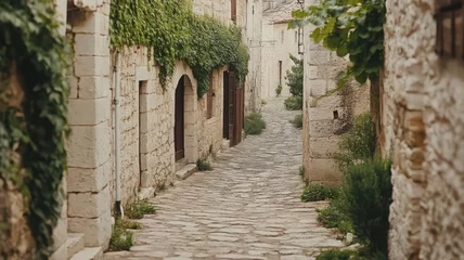 Fototapete Enge Gasse Narrow European Cobblestone Alleyway with Stone Buildings and Lush Greenery  © Yopi
