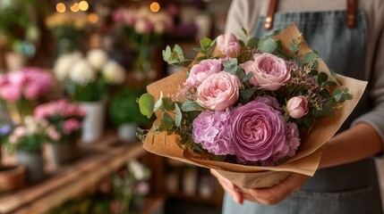 Fototapeta premium Florist is holding a beautiful bouquet of pink and purple flowers wrapped in brown paper in a flower shop