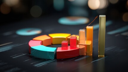 Colorful 3D Bar Graph and Pie Chart with Data Visualization Elements on Dark Background in Modern Office Setting