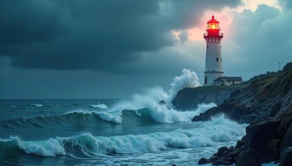 Obraz premium Isolated lighthouse battered by waves, stormy sky, hurricane, wave, dark