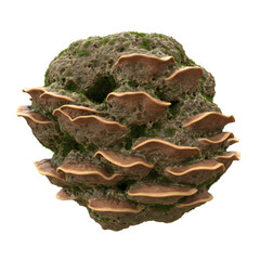 Mossy rock with shelf fungi isolated transparent