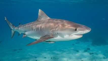 Naklejka premium High-resolution image of a bull shark swimming gracefully in the clear blue ocean.