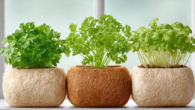 Coconut fiber pot  Biodegradable garden  Indoor herb garden in coconut fiber pots for sustainable homegrown cooking  organic herb planter