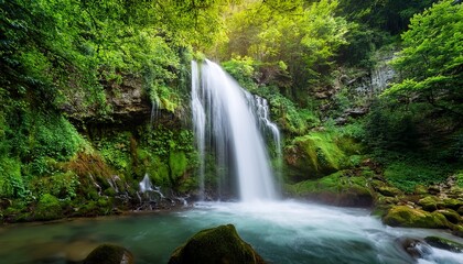 Naklejka premium majestic waterfall in lush green forest