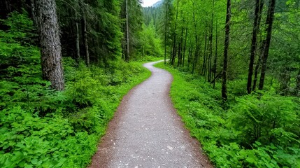 Fototapeta premium Winding Gravel Path Through Lush Green Forest With Dappled Sunlight