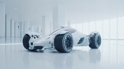 Futuristic white race car in a modern, minimalist interior setting.