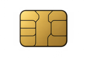 Gold sim card chip closeup, highlighting secure mobile connectivity and digital data transfer on transparent backdrop