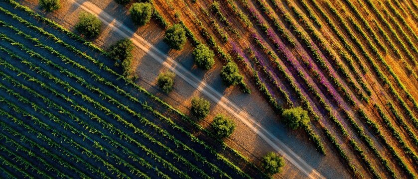 Aerial view of vibrant green vineyards and purple lavender fields, separated by a dirt road. A picturesque agricultural landscape. - Powered by Adobe