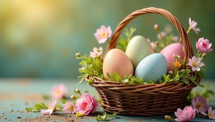 Obraz premium Decorated Easter eggs in a basket with spring flowers , easter basket, wildlife