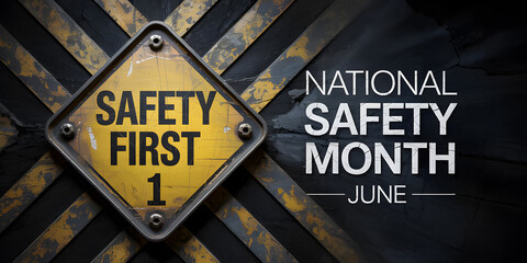 National Safety Month Promotional Graphic with Industrial Safety Sign and Hazard Stripes

