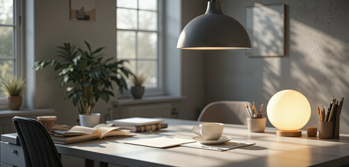 Fototapeta premium A well-lit workspace features a modern lamp casting warm light over a table. Plants add greenery while open books and a cup suggest a focus on reading and work