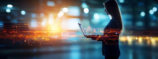 Focused professional working at modern workstation with abstract circuit pattern projection and cool blue ambient lighting in futuristic office environment, technology innovation and digital workspace