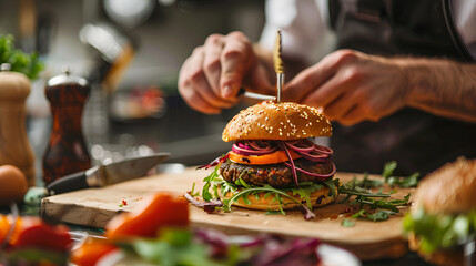 Chef preparing a gourmet burger with fresh ingredients on a wooden cutting board in a kitchen setting