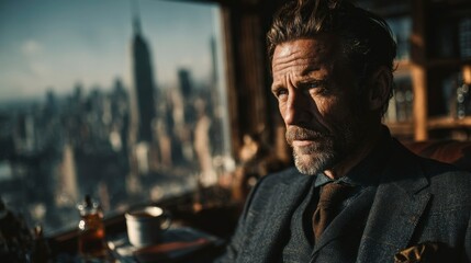 Obraz premium Thoughtful Man in a Modern Office Setting with Cityscape Background