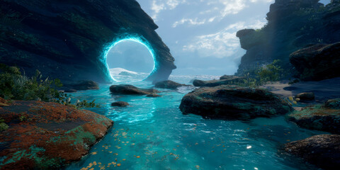 Surreal video game screenshot of the magical sea world of Ealdoraqua, where marine magic flows from the sky to the ocean