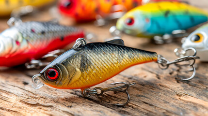 Super-realistic stock photo of colorful fishing lures arranged on a natural wooden surface