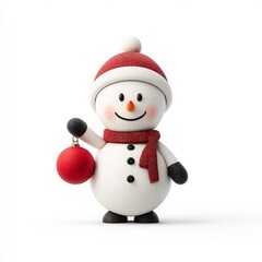 Fototapeta premium Snowman holding red Christmas bauble