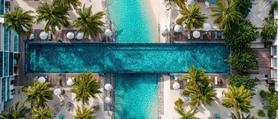 Aerial view of a stunning resort pool, a turquoise oasis surrounded by lush palm trees and white sand. Relaxation redefined.