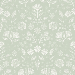 Vector Seamless Bold Floral Pattern Textured Green Sage Pale Pattern