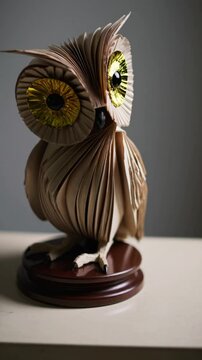 Sculpture de hibou en papier avec grands yeux dor&eacute;s sur socle en bois

