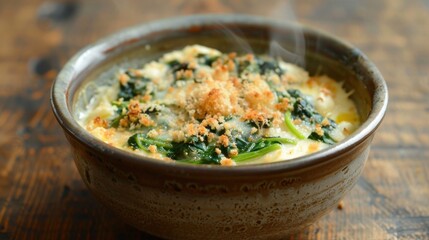 A bowl of spinach and cheese gratin is steaming, with crispy breadcrumbs on top