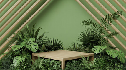 Fototapeta premium Minimalist Wooden Product Podium with Tropical Plants and Sage Green Arched Background , Modern Natural Scene