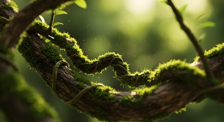 Naklejka premium Lush Green Vine Winding Around Mossy Tree Branch in Forest Sunlight