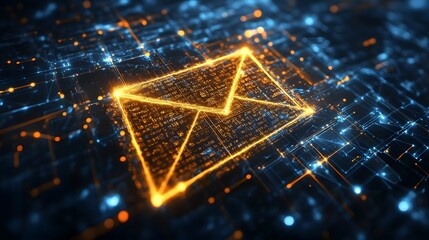 Fototapeta premium Glowing email symbol on a digital circuit board with orange and blue lights