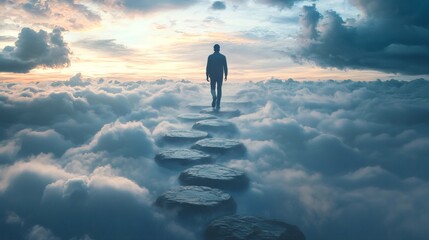 Fototapeta premium 18. Man walking across sky-high stepping stones surrounded by clouds