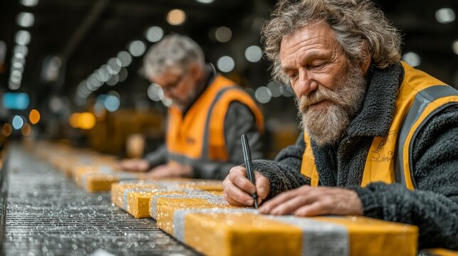 Workers in HighVisibility Vests Inspecting and Marking Packages on a Conveyor Belt for Quality