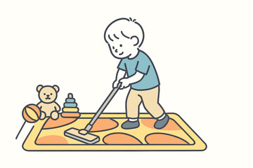 Young child vacuuming carpet while playing with toys at home  