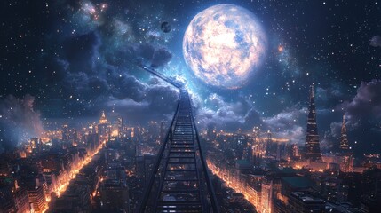 31. A ladder extending from a city rooftop into the cosmos