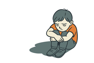 Sad young boy sitting on the floor with arms around knees
